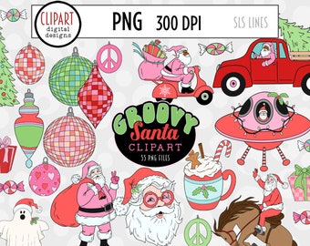 Retro Christmas Clipart, Groovy Santa Clipart, Santa Rodeo, Disco Ornaments, Hippie Christmas PNG, Vintage Truck, Santa on a Scooter