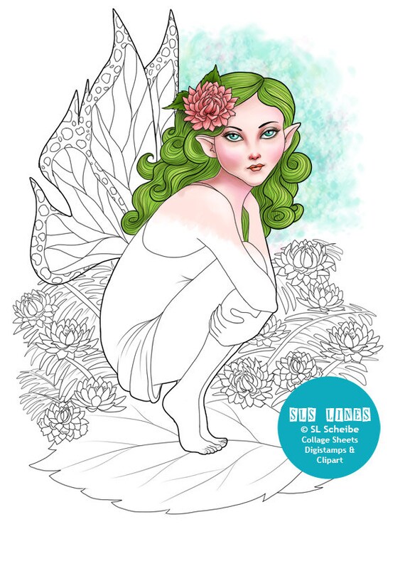 digital stamp nature fairy flower fairy coloring page instant download