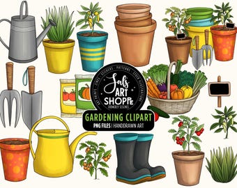Gardening Clipart, Garden PNGs, Rubber Boots, Veggie Garden Clipart, Watering Can, Plants, Clay Pots