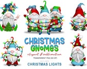 Christmas Gnome Clipart - Christmas Lights Gnomes PNG - Sublimation Elements