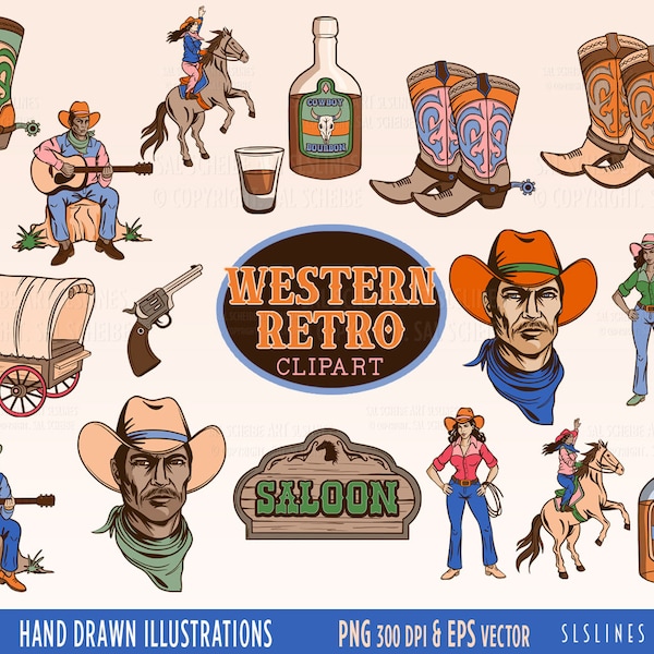 Wild West Clipart, Western Retro Graphics, Cowboy Clipart, Commercial Use, PNG and Vector, Cowgirl, Rodeo, Saloon