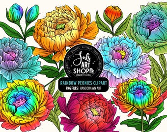 Peony Clipart, Rainbow Flowers PNG, Peonies Sublimation,  Pride flower clipart