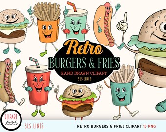 Retro Food Clipart, Groovy Burger PNG, Vintage Character Fast Food, Funny Face Fries PNG