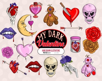 Valentine Clipart, Dark Valentine's Day Clipart, Voodoo Doll Png, Anatomical Hearts, Skeleton Hands png, Creepy love illustrations