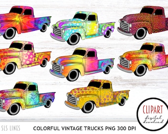 Vintage Truck Clipart, Rainbow Pickup Trucks PNG, Vehicle Sublimation, Old Cars PNG, Vintage Car