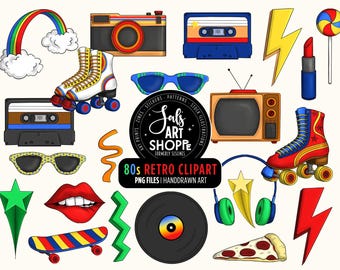 Retro 80s Clipart, 1980s PNGs, Roller Skates, Cassette Tape Clipart, lips, skateboard, lightning PNG, 1990s Illustrations