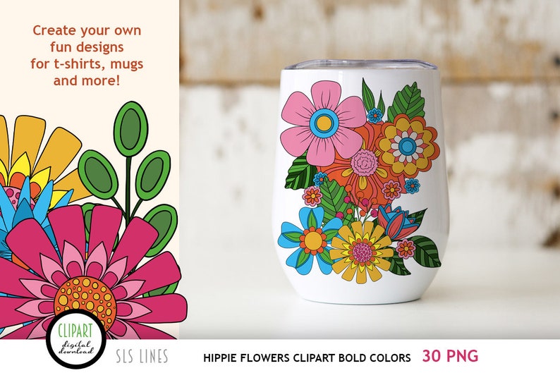 Hippie Flower Clipart, Boho Flowers PNG, Groovy 60s Flowers in Bold Colors image 6