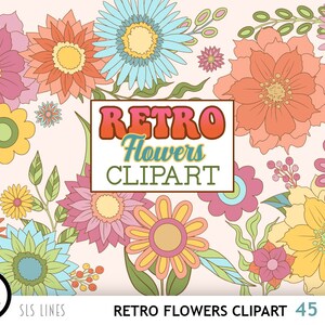 Retro Flowers Clipart, Hippie Pop Art Floral Illustrations, PNG Files
