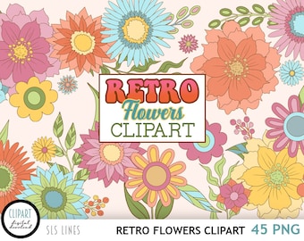 Retro Flowers Clipart, Hippie Pop Art Floral Illustrations, PNG Files