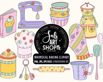 Baking Clipart, Whimsical Baker Graphics, Commercial Use Food Clipart with Mixing Bowls and Apron, PNG and Vector
