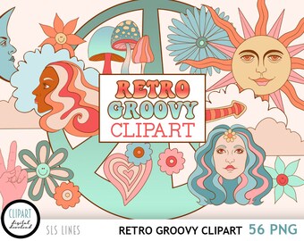 Retro Groovy Clipart, Hippie Psychedelic Illustrations, PNG Files