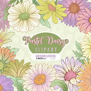 Retro Daisy Clipart, Pastel Flowers Png, Boho Flowers PNG, Groovy Flowers in Pink & Yellow, Daisies Png