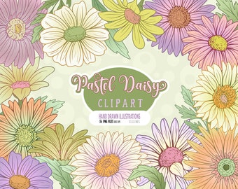 Retro Daisy Clipart, Pastel Flowers Png, Boho Flowers PNG, Groovy Flowers in Pink & Yellow, Daisies Png