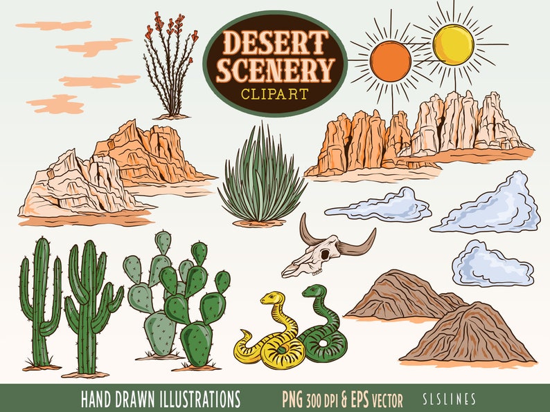 Desert Scenery Clipart, Southwestern Graphics, Desert Landscape Illustrations, Commercial Use, PNG and Vector, Cactus & Rocks