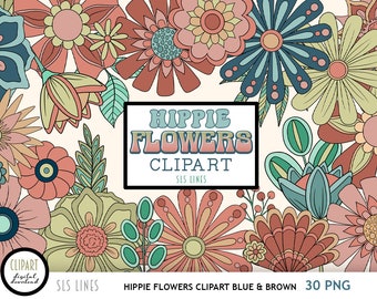 Hippie Flower Clipart, Boho Flowers PNG, Groovy 60s Flowers in Blue & Brown