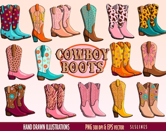 Cowboy Boots Clipart, Pink Cowgirl Boots, Western Graphics, Cowboy Boot Illustrations, Commercial Use, PNG and Vector