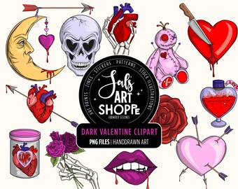 Valentine Clipart, Dark Valentine's Day Clipart, Voodoo Doll Png, Anatomical Hearts, Skeleton Hands png, Creepy love illustrations