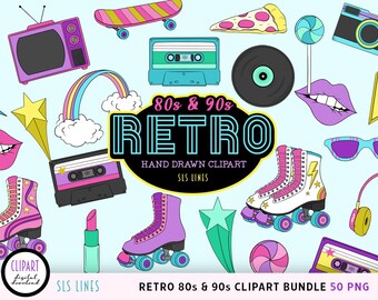 Retro 80s Clipart, 1990s PNGs, Roller Skates, Cassette Tape Clipart, lips, skateboard, lightning PNG, 1980s Illustrations