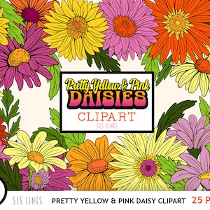 Retro Daisy Clipart, Hippie Clipart, Boho Flowers PNG, Groovy Flowers in Pink & Yellow