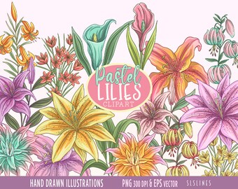 Lily Flower Clipart, Spring Lilies PNG, Spring Garden Digitals in Pastel Colors, Commercial Use PNG & Vector