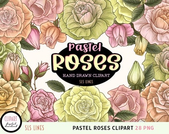 Pastel Rose Clipart, Yellow Roses Set, Hand Drawn Florals, Flower Illustrations in pink, Rose PNG sublimation