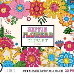 Hippie Flower Clipart, Boho Flowers PNG, Groovy 60s Flowers in Bold Colors image 1