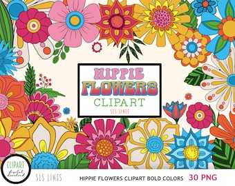 Hippie Blumen Clipart, Boho Blumen PNG, Groovy 60s Blumen in kräftigen Farben