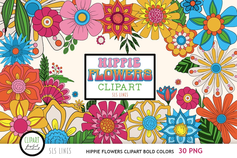 Hippie Flower Clipart, Boho Flowers PNG, Groovy 60s Flowers in Bold Colors image 1