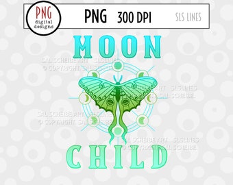 Moon Child PNG, Luna Moth, Celestial PNG, Wicca Sublimation, Moon Phases