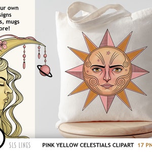 Celestial Clipart, Suns & Moons PNGs, Sun and Moon Face Clipart in Pink image 2