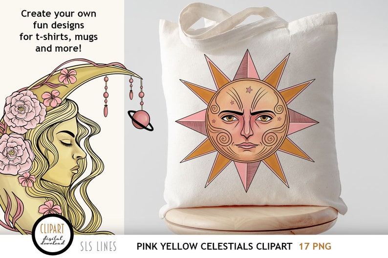 Celestial Clipart, Suns & Moons PNGs, Sun and Moon Face Clipart in Pink image 2