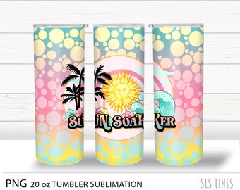 Skinny Tumbler Sublimation, Summer Tumbler PNG, Sun Soaker with Palm Trees & Ocean Waves