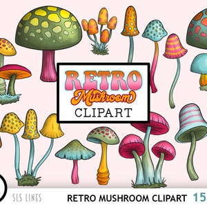 Retro Mushroom Clipart - Vintage Style Mushrooms PNG - Psychedelic Colors