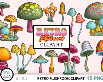 Retro Mushroom Clipart - Vintage Style Mushrooms PNG - Colores psicodélicos