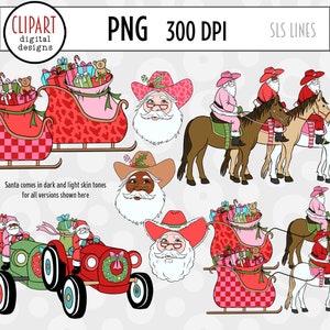 Western Christmas Clipart, Country Santa Clipart, Santa Rodeo, Cowboy Boot Ornaments, Santa on a Tractor, Christmas Cactus PNG