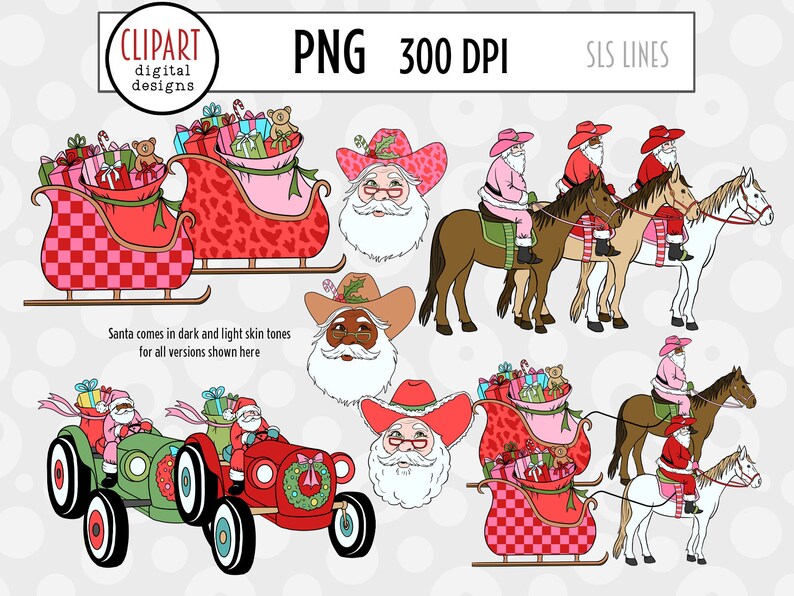 Western Christmas Clipart, Country Santa Clipart, Santa Rodeo, Cowboy Boot Ornaments, Santa on a Tractor, Christmas Cactus PNG