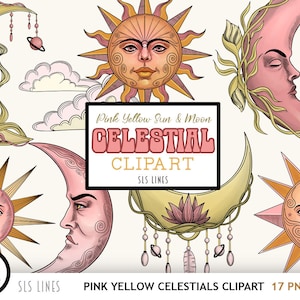 Celestial Clipart, Suns & Moons PNGs, Sun and Moon Face Clipart in Pink image 1