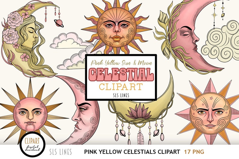 Celestial Clipart, Suns & Moons PNGs, Sun and Moon Face Clipart in Pink image 1