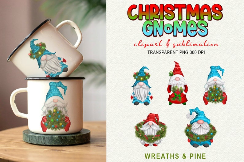 Christmas Gnome Clipart Holiday Wreaths & Pine PNG Sublimation Elements image 6