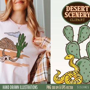 Desert Scenery Clipart, Southwestern Graphics, Desert Landscape Illustrations, Commercial Use, PNG and Vector, Cactus & Rocks