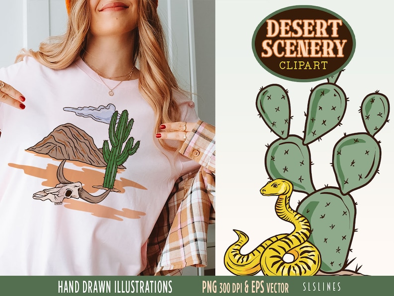 Desert Scenery Clipart, Southwestern Graphics, Desert Landscape Illustrations, Commercial Use, PNG and Vector, Cactus & Rocks