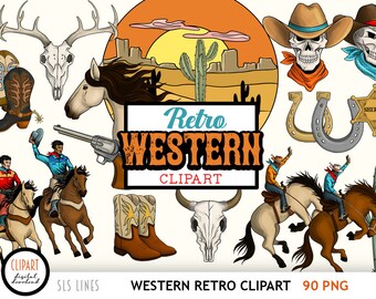 Western Retro Cowboy Clipart - Desert Scenes & Cowboy Boots PNG
