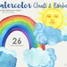 clouds and rainbows watercolor clipart, weather graphics, sunshine clip art by SLS Lines, blue and yellow
