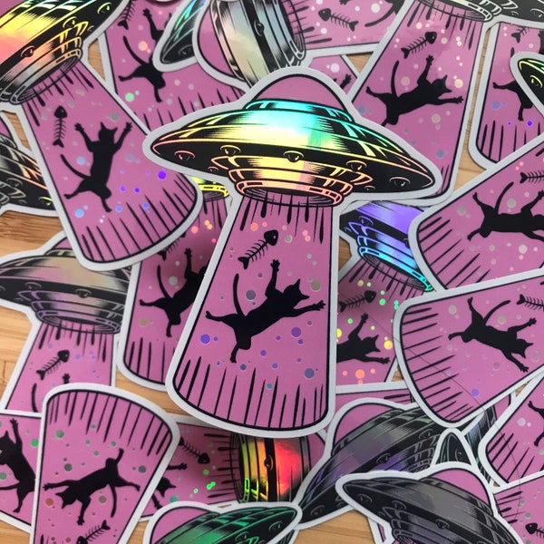 Flailing Cat / UFO Abduction Sticker Holographic Decal Graffiti