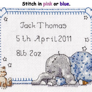 Counted cross stitch pattern, &#39;Sleepy Baby&#39; birth sampler, PDF  digital download.