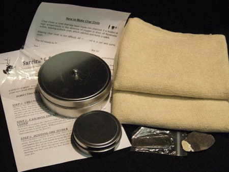 Fire Char Cotton Cloth and Ingot Flint Steel, bushcraft primitive fire lighting, survival
