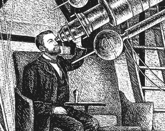 FREE SHIPPING.  Samuel Pierpont Langley at historic Harvard College Observatory in 1886 prints in 2 sizes, drawing by Kathy Rooney