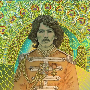 FREE SHIPPING. George Harrison Sgt. Pepper portrait in 3 sizes; drawing by Kathy Rooney