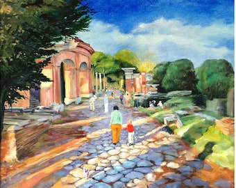 FREE SHIPPING. Ostia Antica, Italy Landscape, Ancient Roman ruins,little girl and cat, print 2 sizes; painting by Ray Sokolowski.