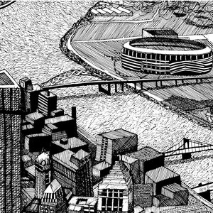 FREE SHIPPING. Pittsburgh Three Rivers Stadium, Cityscape print in 2 sizes; drawing by Kathy Rooney